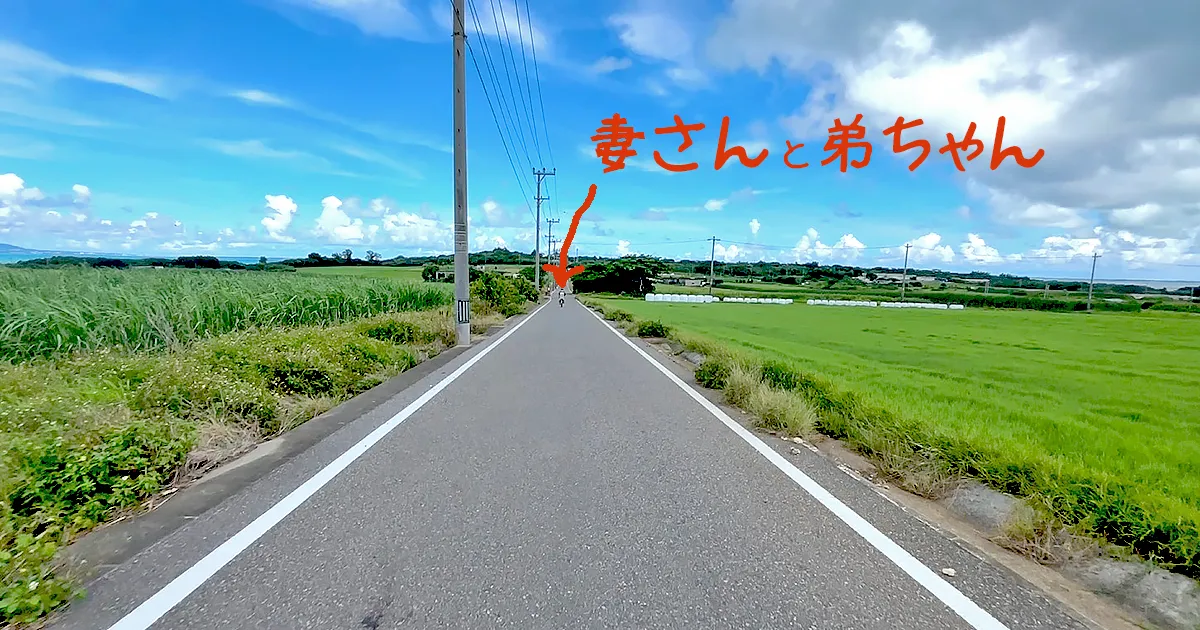 小浜島の畑に囲まれた道を電動自転車で走る妻さんと弟ちゃん