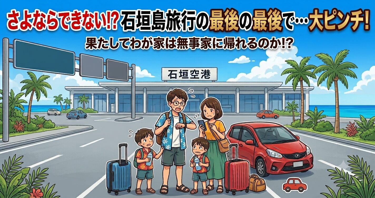 石垣島旅行最終日に空港へ向かう前の予想外のトラブルを表したイラスト